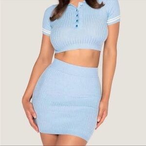 Meshki Blue Knit Ribbed Polo Collar Crop Top Bodycon Cece Mini Skirt Set Small S